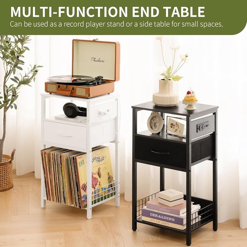 LED Nightstand Charging Station Record Storage Multifunctional Side Table New