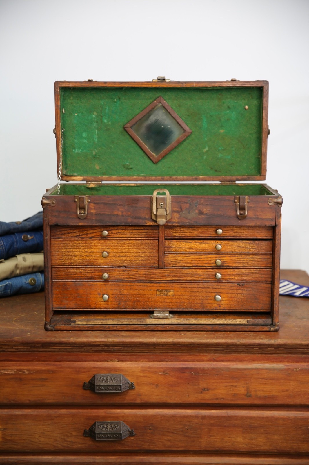 Antique Machinist Tool Box oak chest Wood Jewelry box 7 Drawer Vintage case