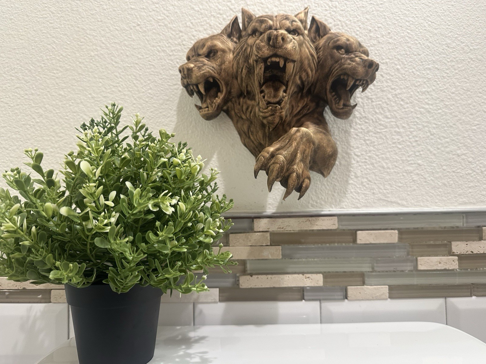 Cerberus Wall Sculpture 3d Mythical Hellhound Decor - Three Headed Dog Mount 9”