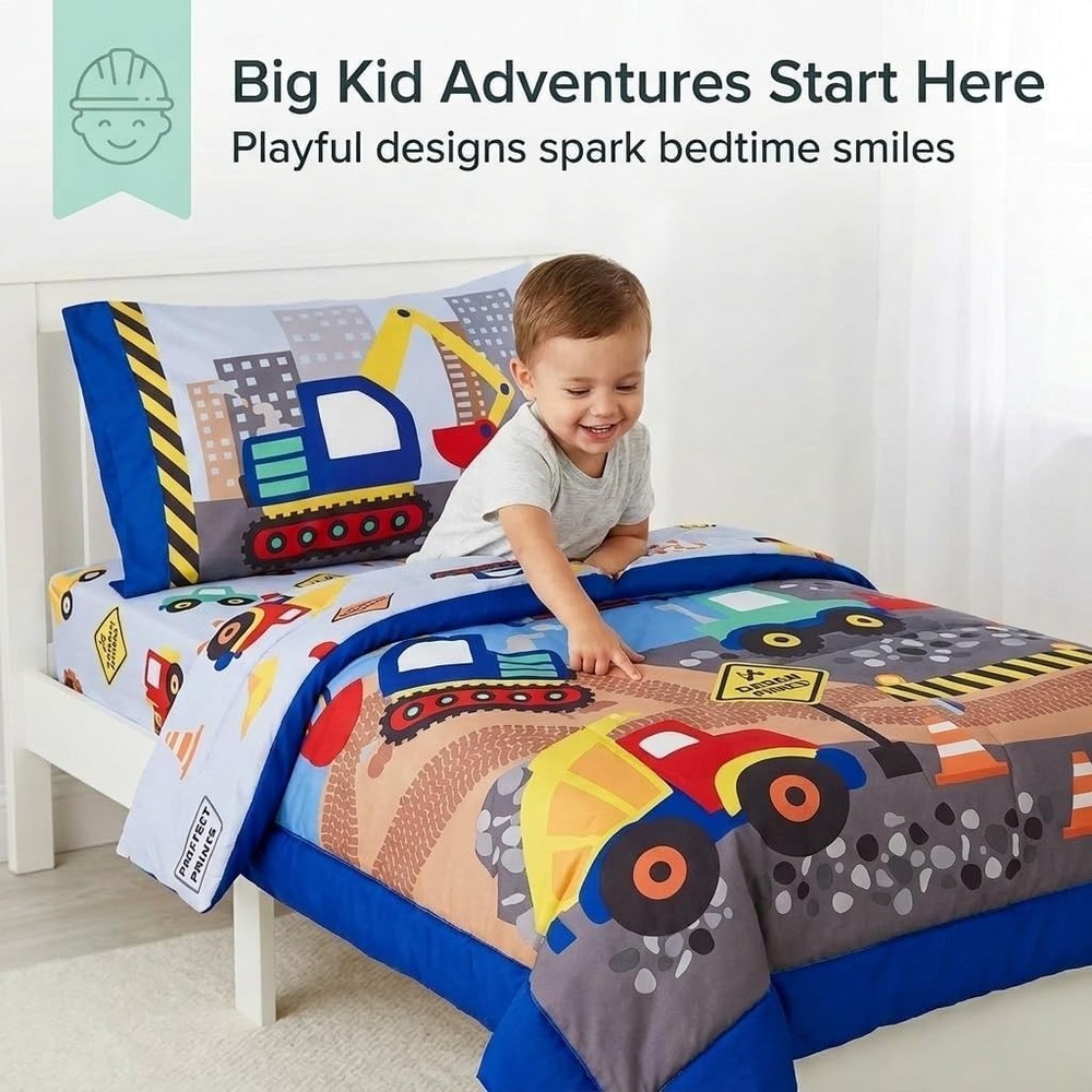 4 Piece Under Construction Toddler Bedding Set - Comforter, Sheets & Pillowcase