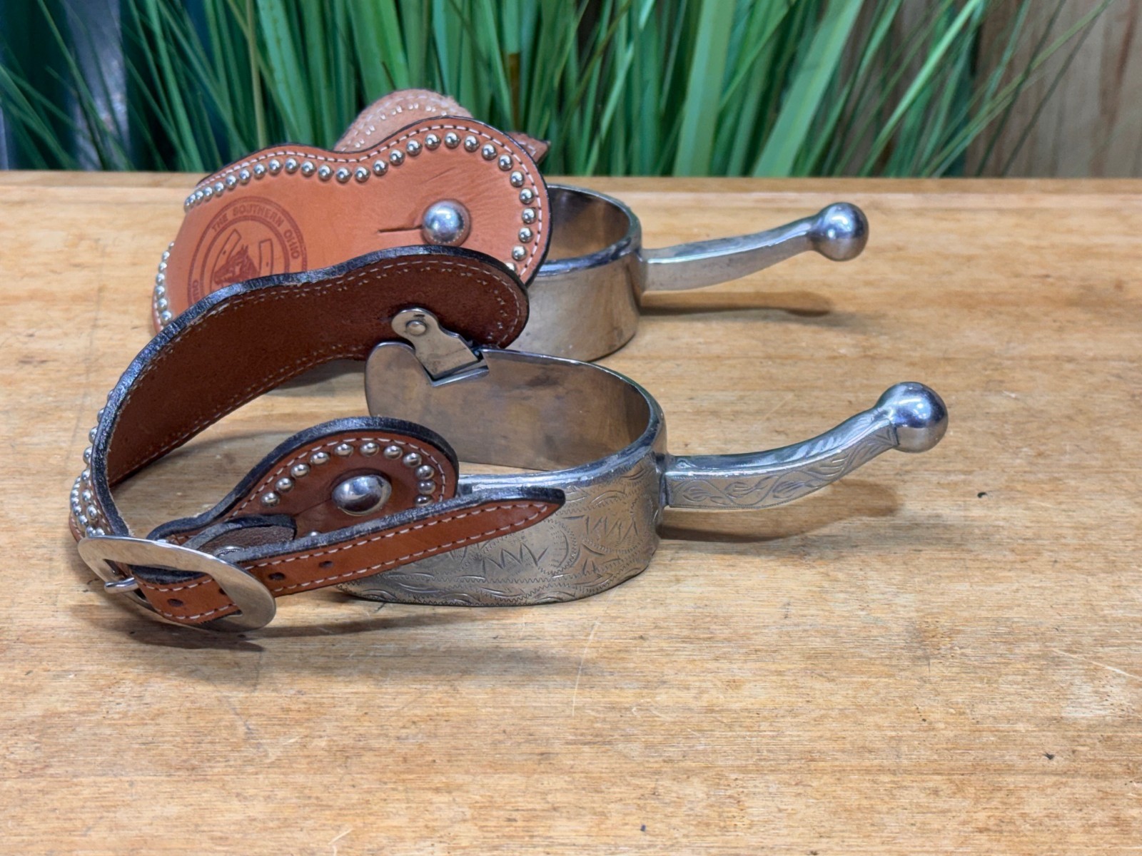 Silver Mounted Long Shank SS Western BALL END Spurs w Spotted Leather Straps