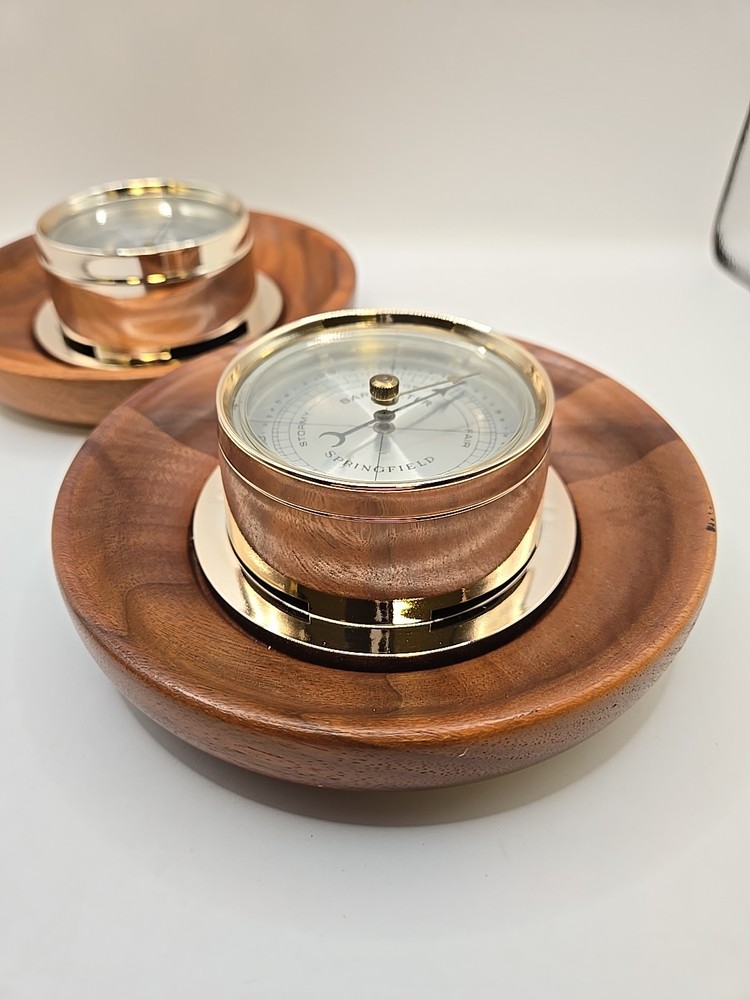 Vintage SPRINGFIELD Set Therometer & Barometer Solid American Walnut Round 5.5"
