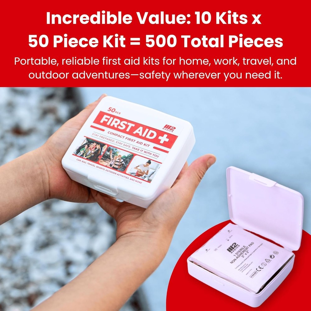 M2 BASICS Mini First Aid Kit Multi Pack, 10 Pack, 50 per Kit, 500 Total Pieces,