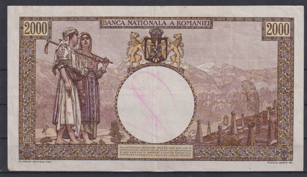 Romania 2000 Lei 1944 VF++ & 218