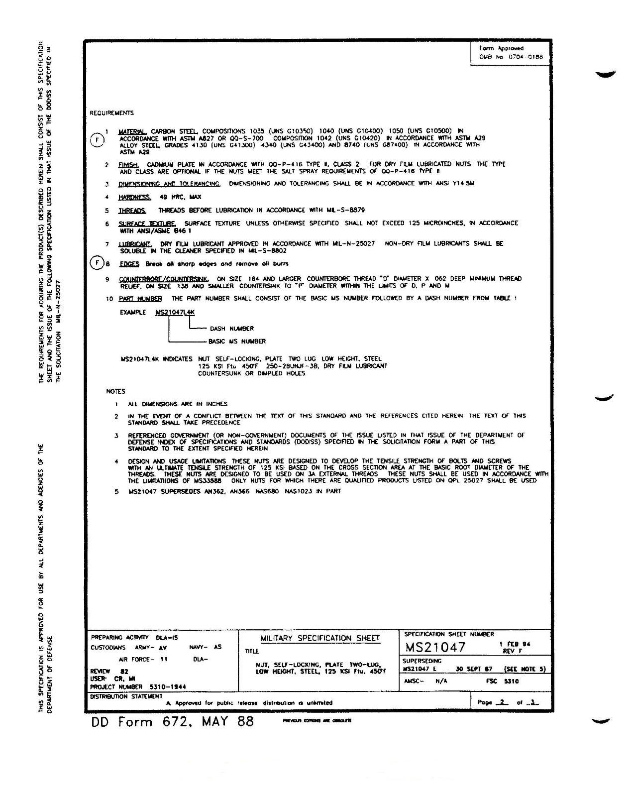 MS21047L08 NAS680A08 NUT 2 LUG STEEL DRY FILM SIZE 8-32 100/EA PACKAGE