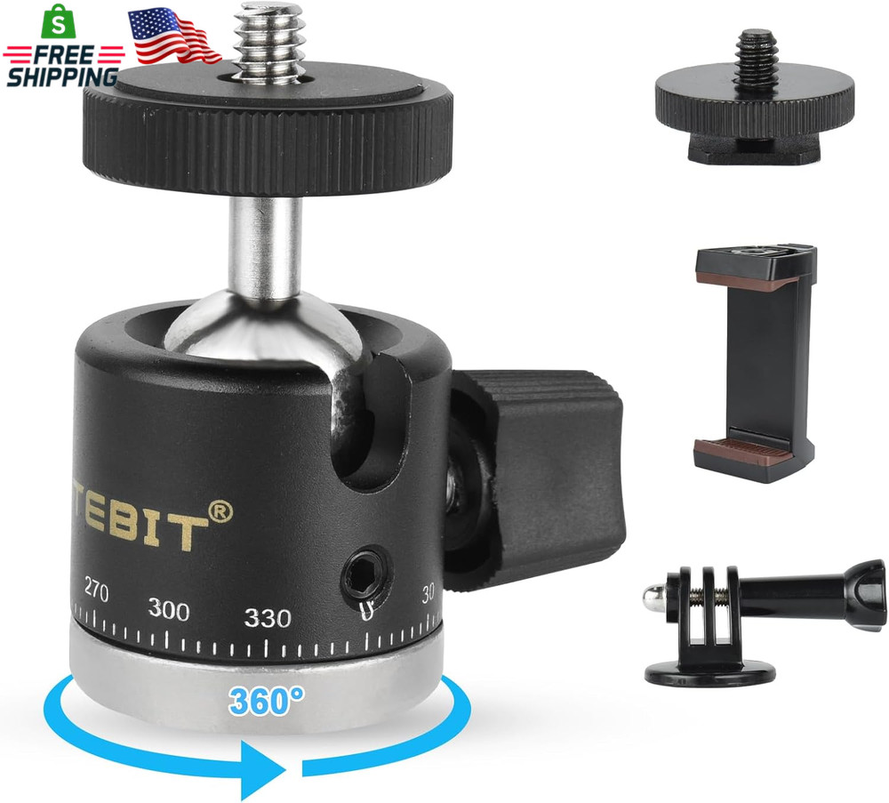 UTEBIT Mini Ball Head, Panoramic Tripod Head with 1/4" Camera Hot Shoe Mount DSL