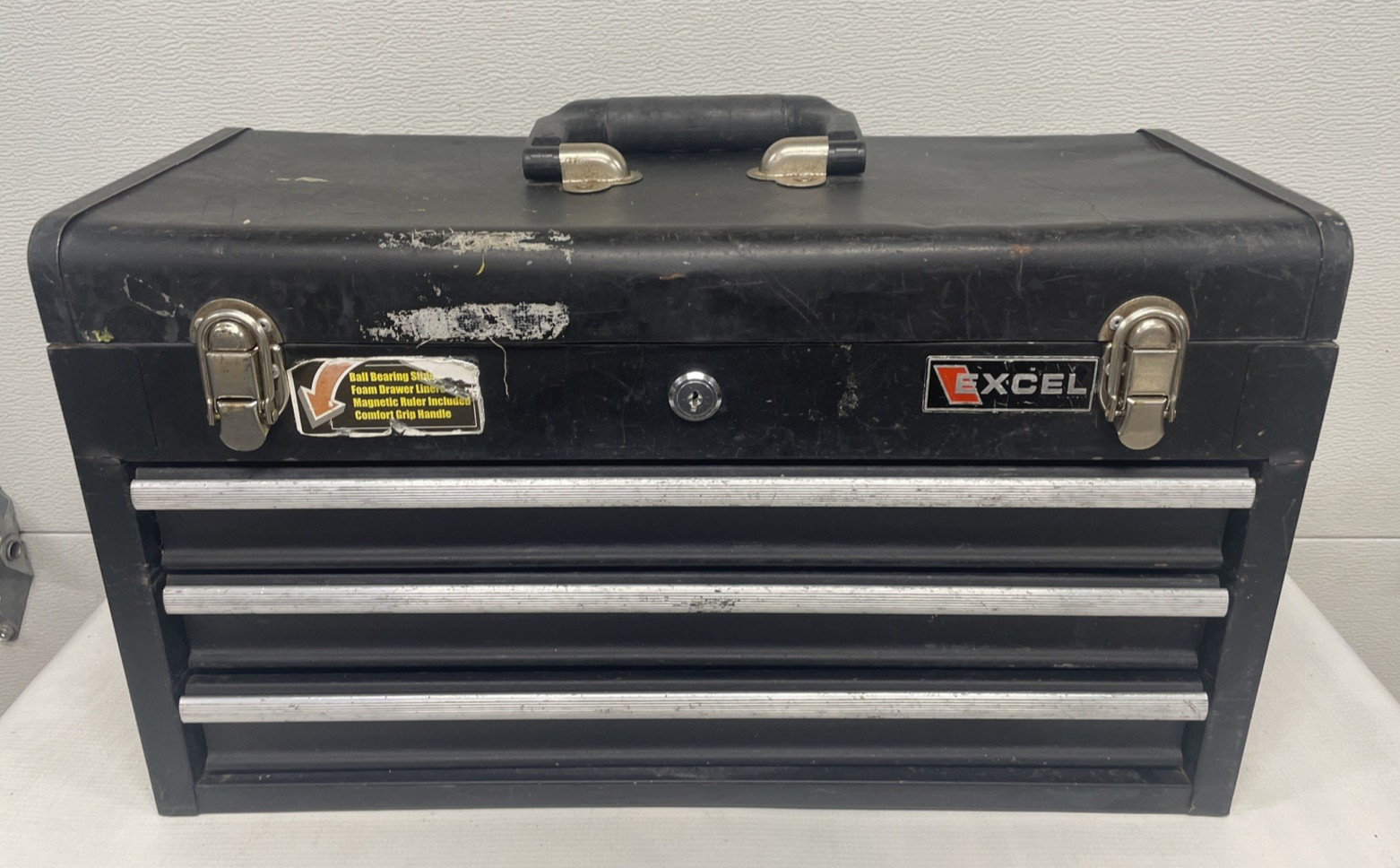 VINTAGE EXCEL 20" STEEL TOOL BOX w/TRAY 3 Drawer Structurally In Good  Condition