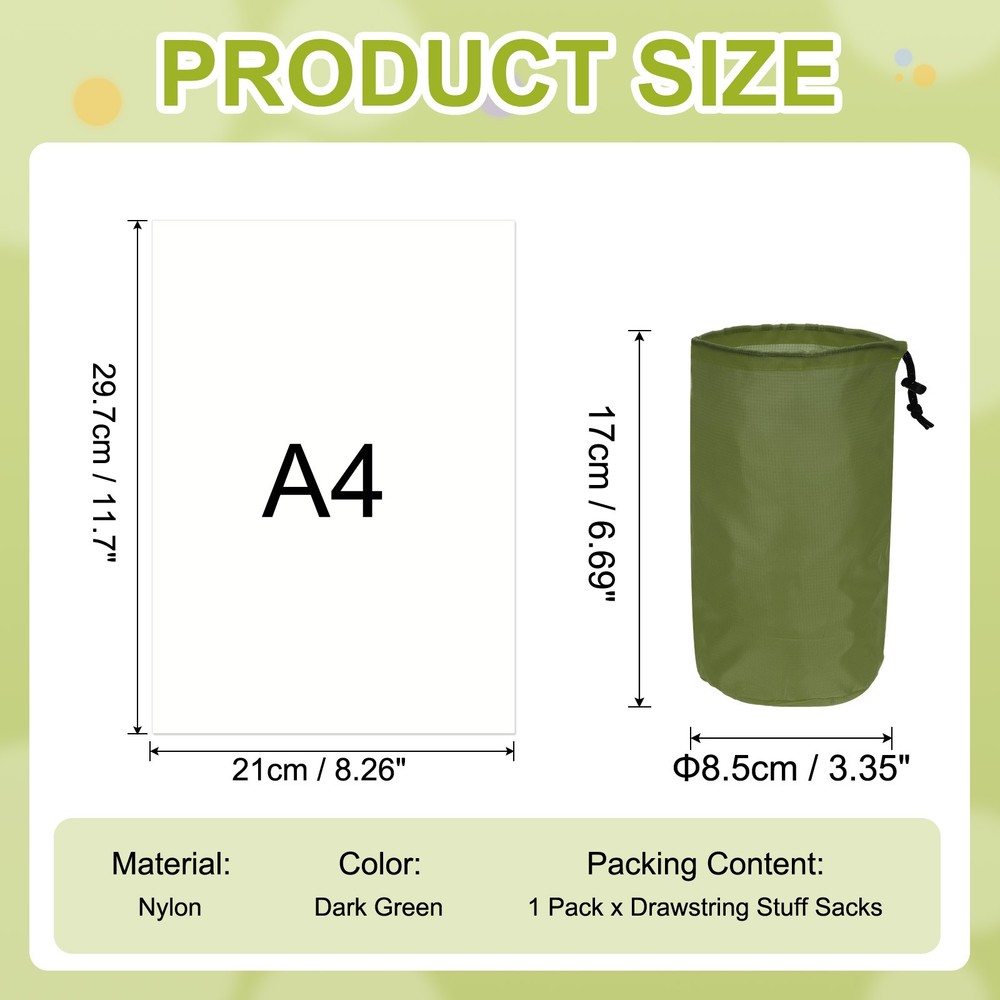 Stuff Sack, Nylon Waterproof Storage Sacks, 3x7Inch(Dark Green)
