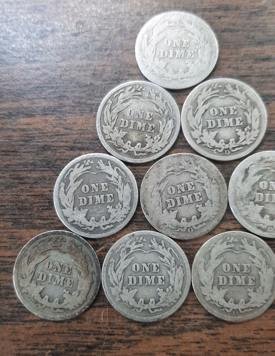 Lot Of 10 Barber Dimes - Various Dates & Mints - 90% Silver