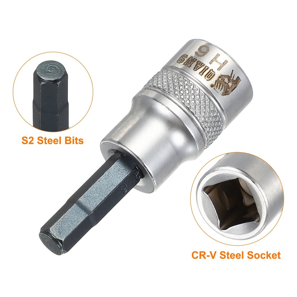 3Pcs Hex Bit Socket H6 3/8" Drive 1.97" Length S2 Steel Bit CR-V Socket