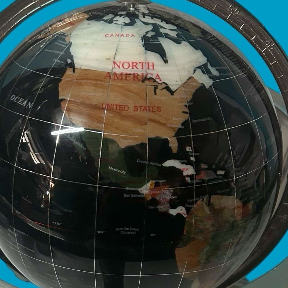 Black Onyx Gemstone Globe With Silver Stand And Compass 15”Tall 13”Diameter