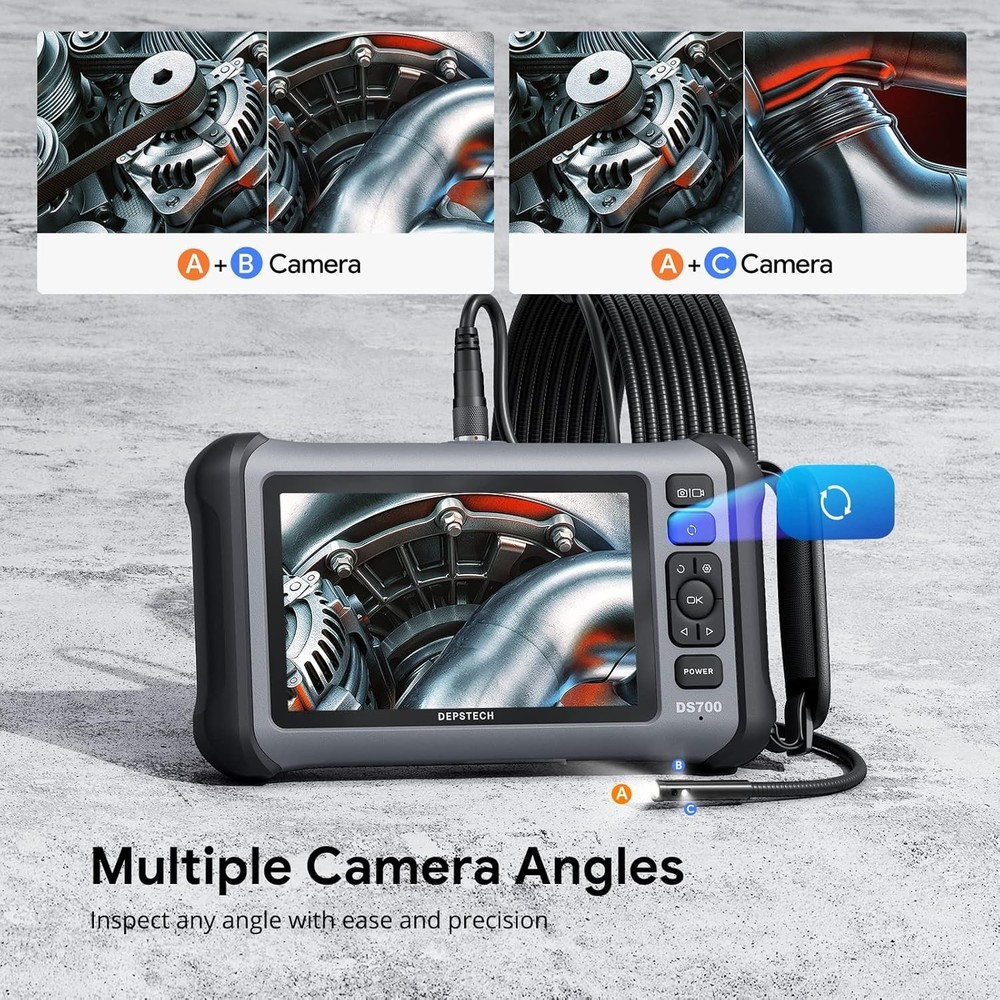 Endoscope, 7'' IPS Screen Borescope Camera with Light, Triple-Lens Inspection Ca