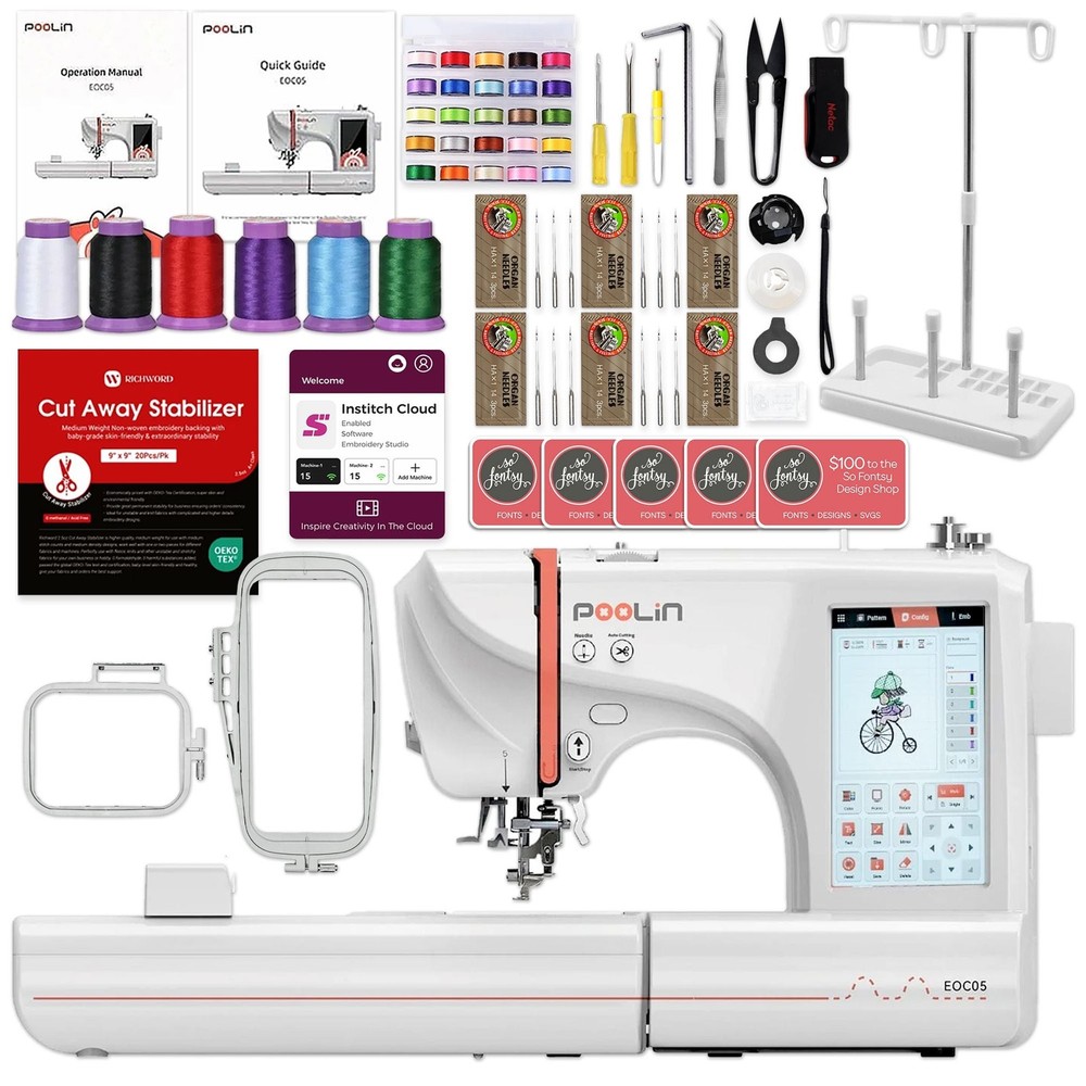 POOLIN EOC05 4in x 9.2in Embroidery Machine with Deluxe Accessory Bundle