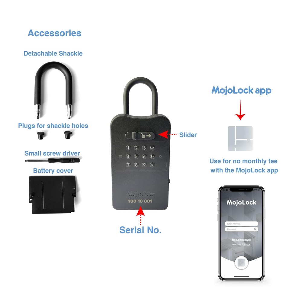 MojoBox, Digital Lockbox, Bluetooth Key Lockbox, iOS/Android App Remotely Genera