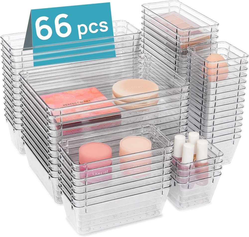 Vtopmart 66 PCS Clear Plastic Drawer Organizer Bins, 4-Sizes