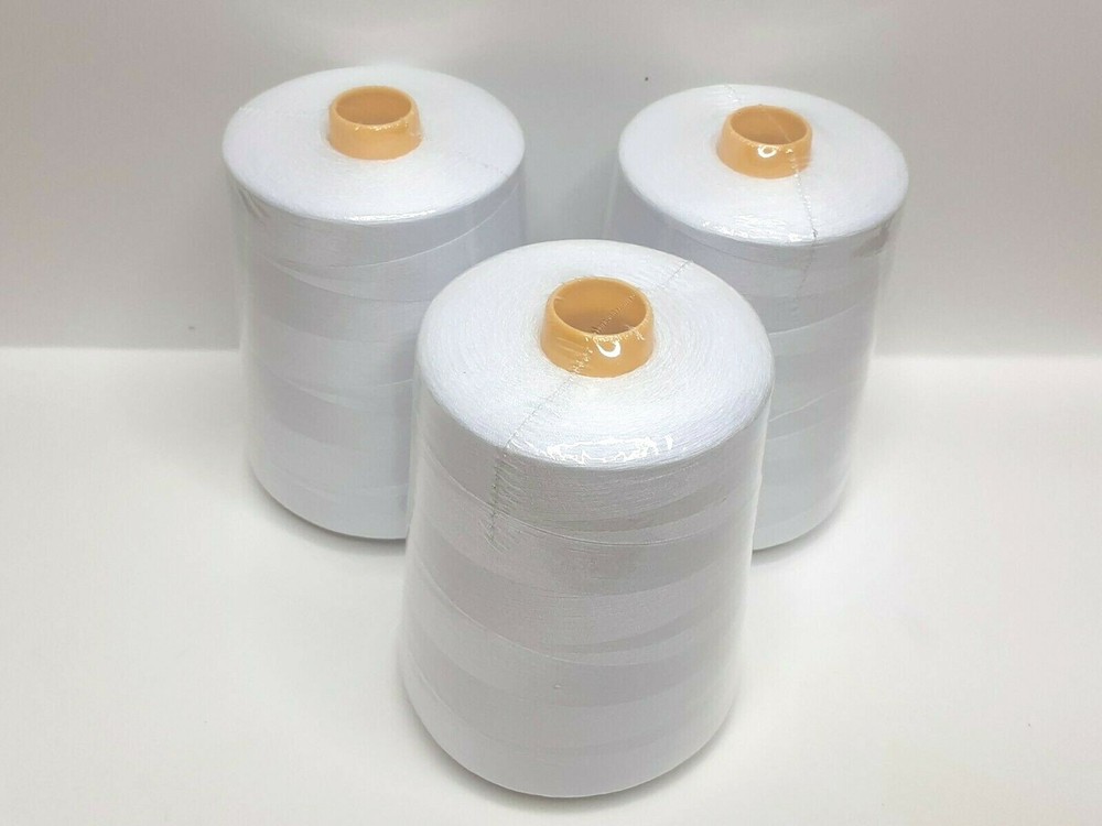 3 Pcs. 10000 Each Yards Sewing Machine Polyester Threads overlock Cones White