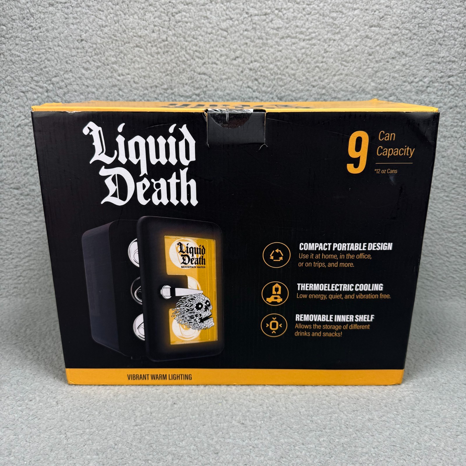 Liquid Death LED Mini Fridge 9 Can Capacity (12 oz) Portable Insulated Lighting
