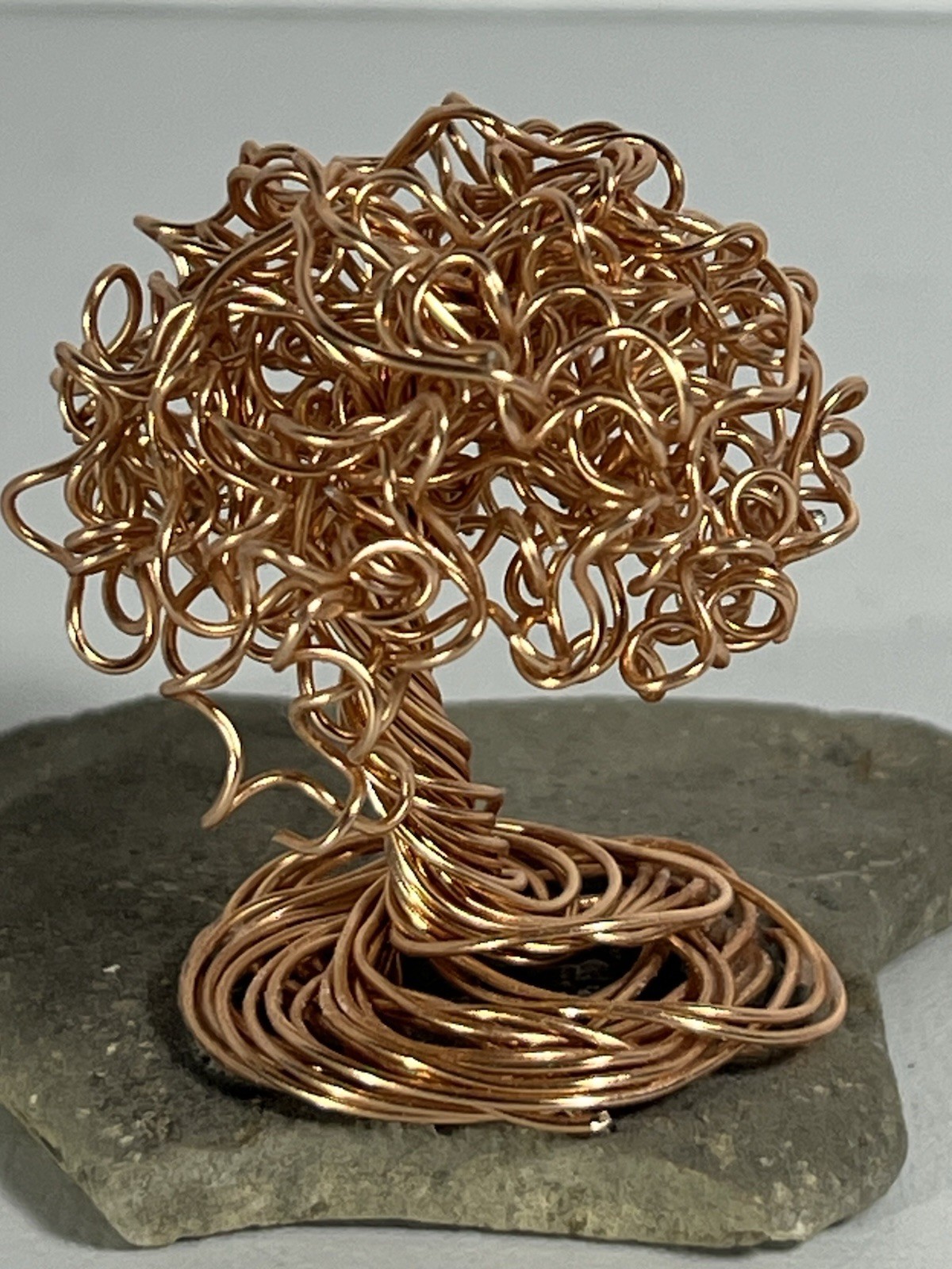 Handmade 2.25” Copper Wire Bonsai Tree Sculpture On Stone Base Decor Mini (D)