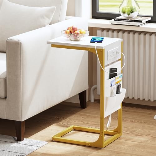 C Shaped End Table with Charging Station, Side Table for 1 White and Gold