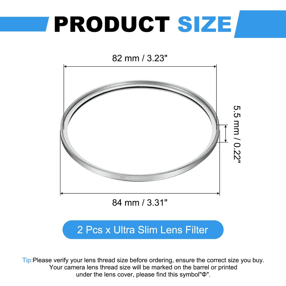 2Pcs 82mm Ultra Slim Lens Filter Multi Coating Camera Len Filter, Silver