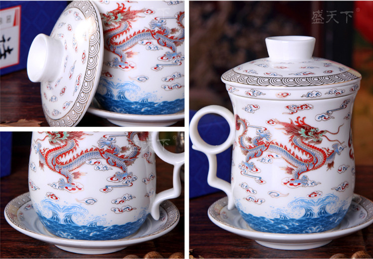 Chinese Dragon Pattern Ceramic Tea Cups Infuser Coffee Mugs Filter Tea Set Decor