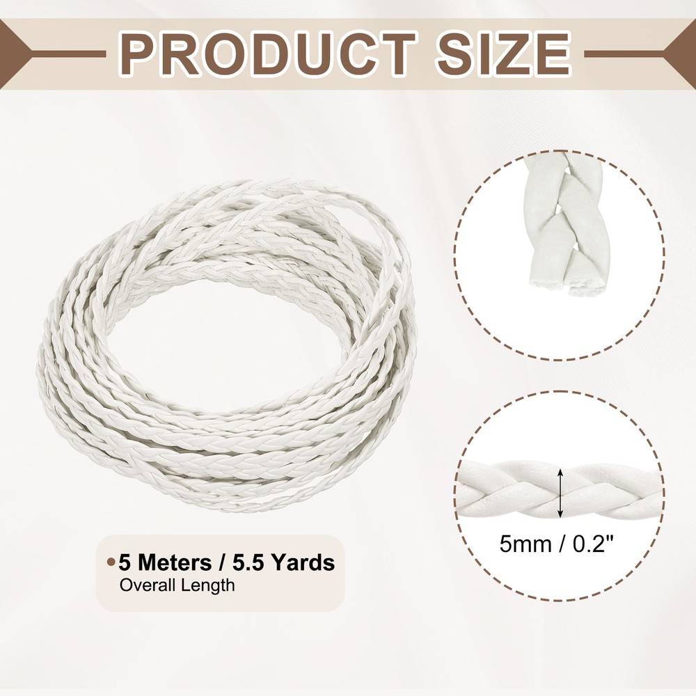 Braided Leather Cord, 5.5 Yards 5mm Flat Craft Leather String, White
