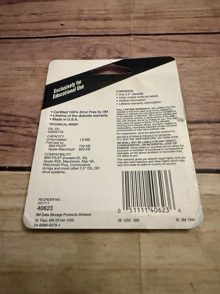 3M DS DD 3.5" Diskettes Formatted IBM Double Sided/Density Sealed Single Pack