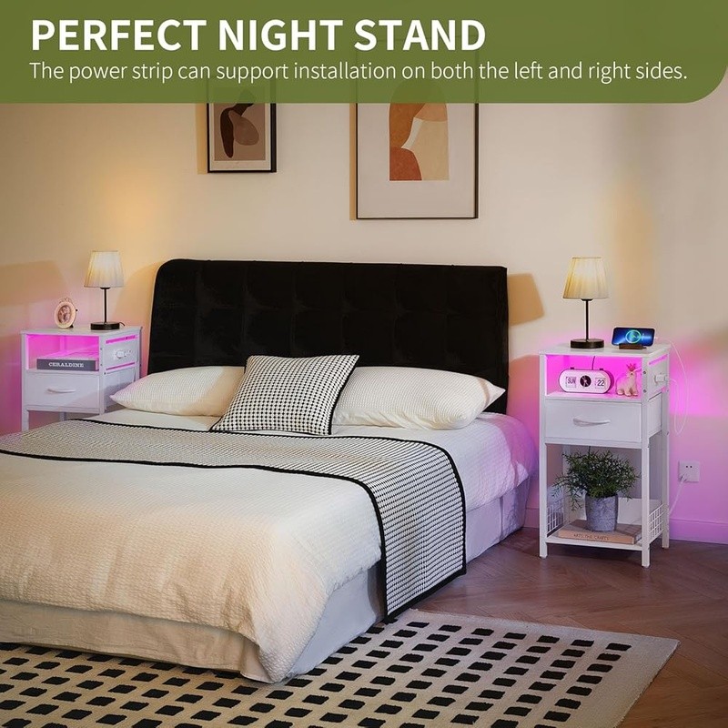 LED Nightstand Charging Station Record Storage Multifunctional Side Table New