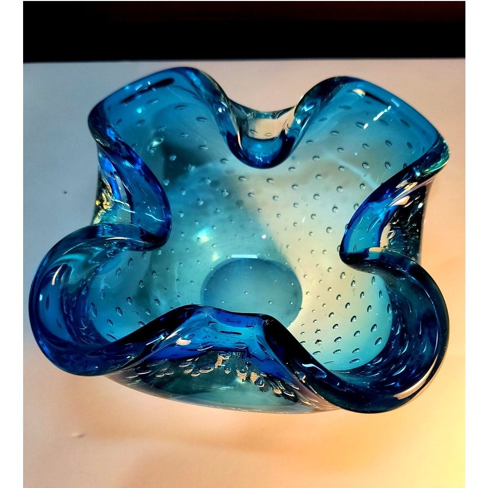 94.  Blue Murano style Candy Dish Pinched with Bubbles