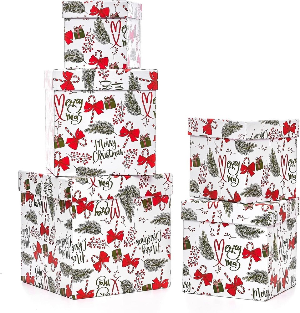 5PCS Christmas Nesting Gift Boxes with Lid, Nested Box Set, 5 Sizes, Square S...