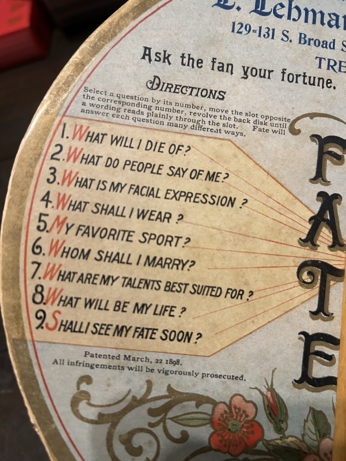 1898 Fate Fortune Teller Advertising Mechanical Hand Fan