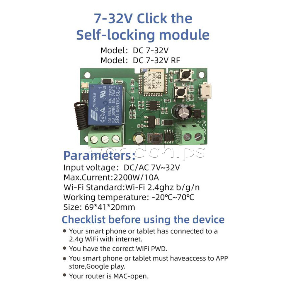 DC 7-32V 2200W Switch Relay Timer Wireless Remote Control Inching/Self-Locking