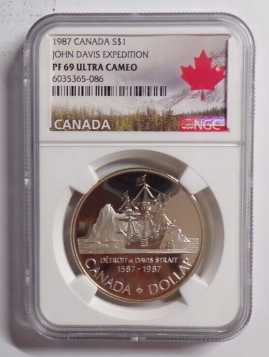 Canada 1987 Silver Dollar John Davis Expedition PF69 UC NGC Maple Leaf Label