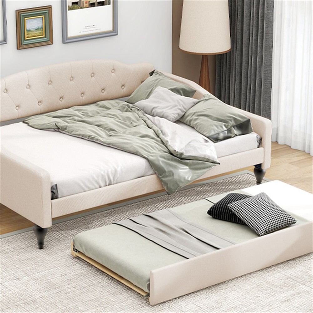 Full Size Daybed with Pull Out Trundle Bed Upholstered Bed Frame Sofa Bed Beige