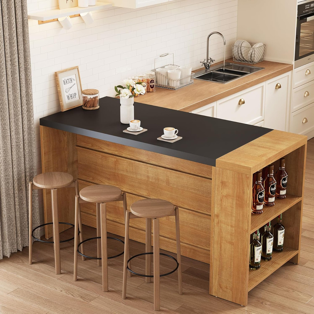 Modern 55" Kitchen Island with Storage & Large Worktop - Oak Finish