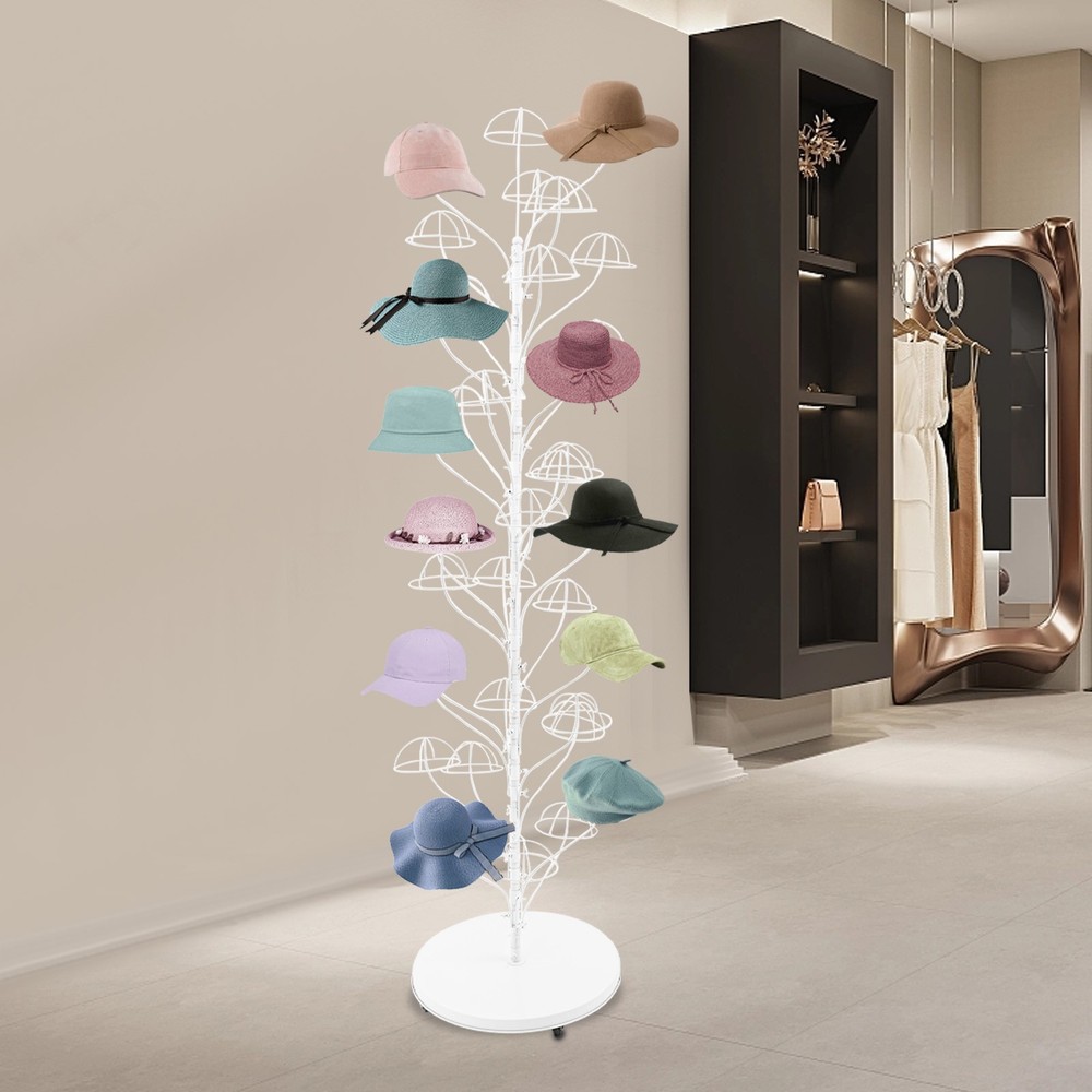 Rolling Metal Hat Display Stand - 35 Hanger Capacity with Wheels