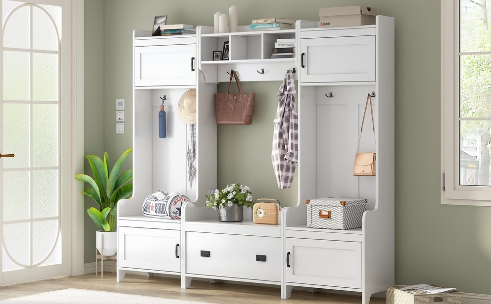 4-in-1 Multiple Functions Entryway Bench Hall Tree with Ample Storage Drawer
