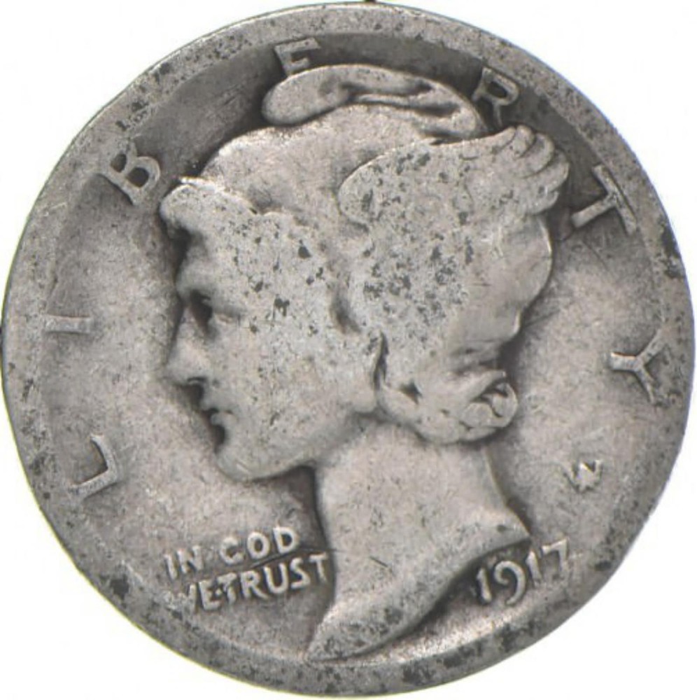 G+ 1917 Mercury 90% Silver Dime