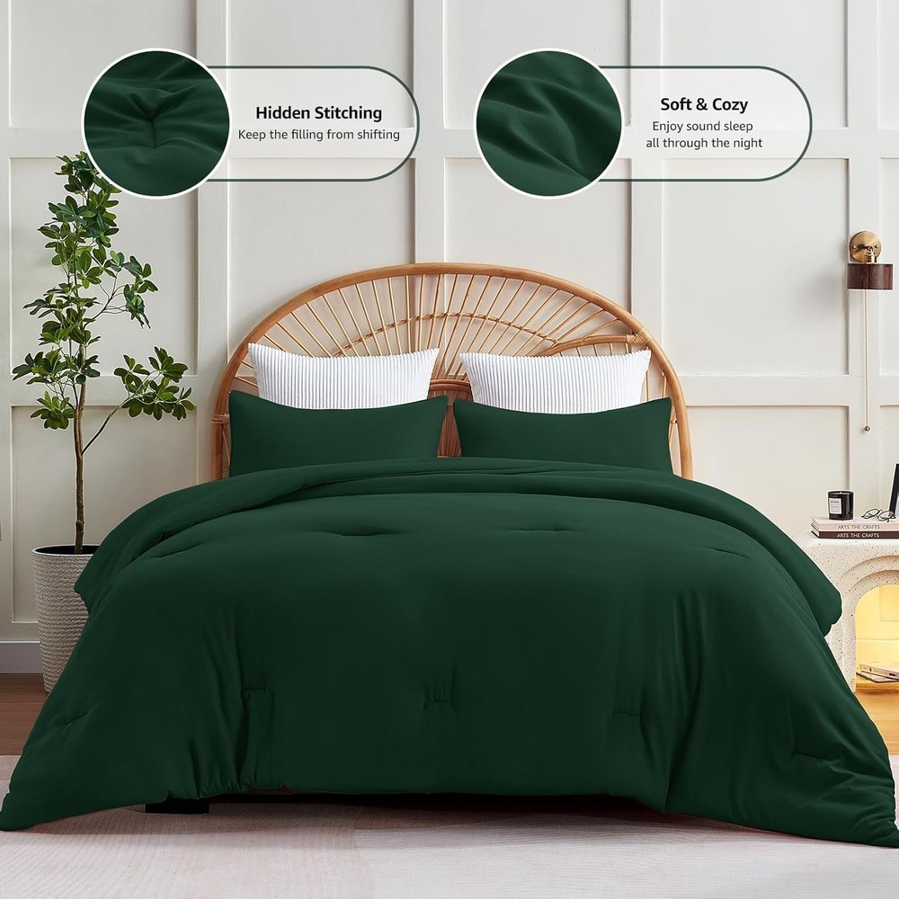 Dark Emerald Green Queen Comforter Set, 3 Pieces Solid Breathable Quilted Bed...