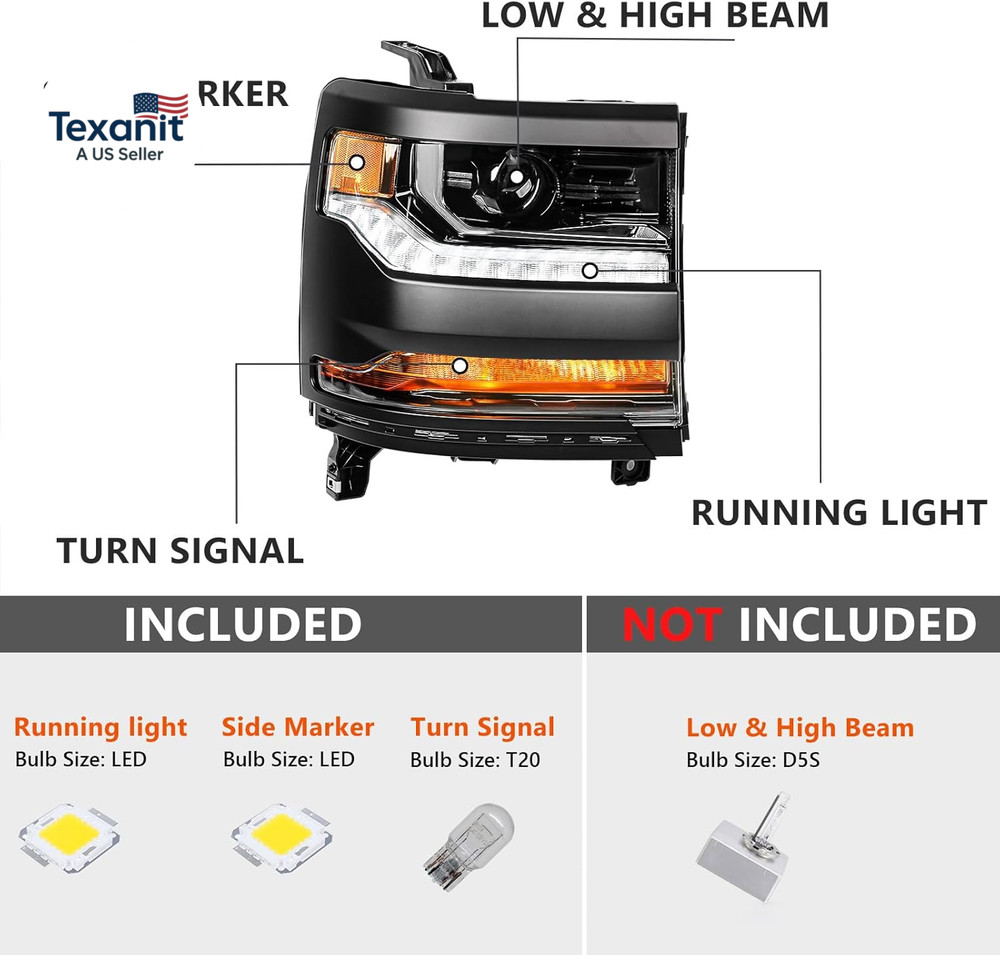 Headlight Assembly Compatible with Chevy Silverado 1500 2016 2017 2018 (Hid/Xeno