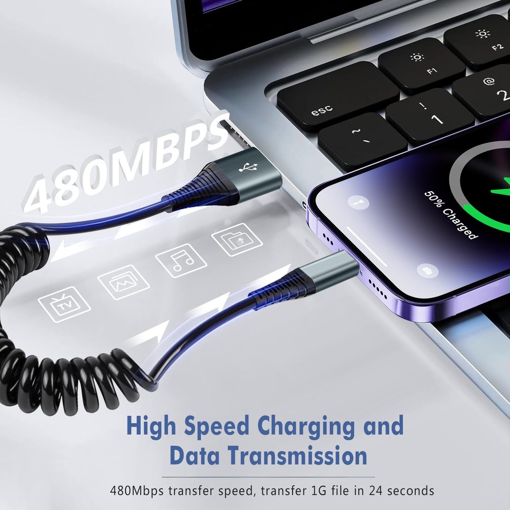 Coiled Lightning Cable 3FT 2 Pack MFi Certified Car iPhone Charger Cable，USB ...