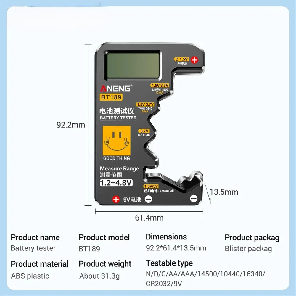 BT189 Battery Tester LCD Universal AA AAA 9V Button Cell Checker