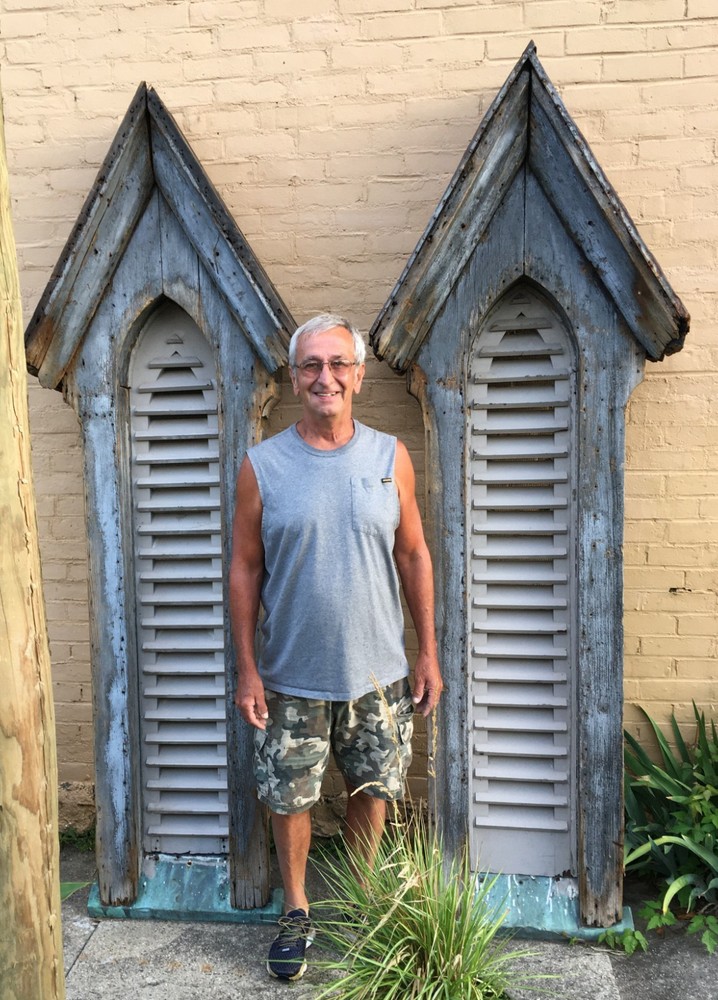 Large unusual matching pair architectural shutter Gothic windows---16287