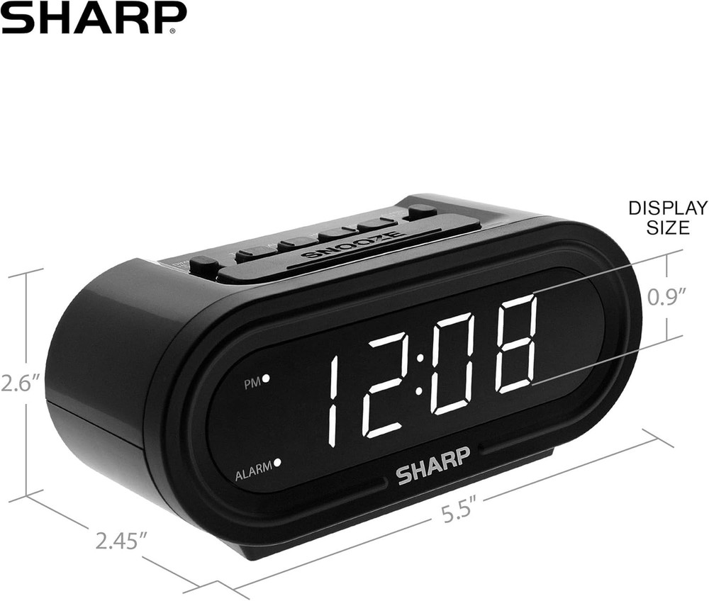 Sharp Digital Alarm with AccuSet - Automatic Smart Midnight Black-white Led
