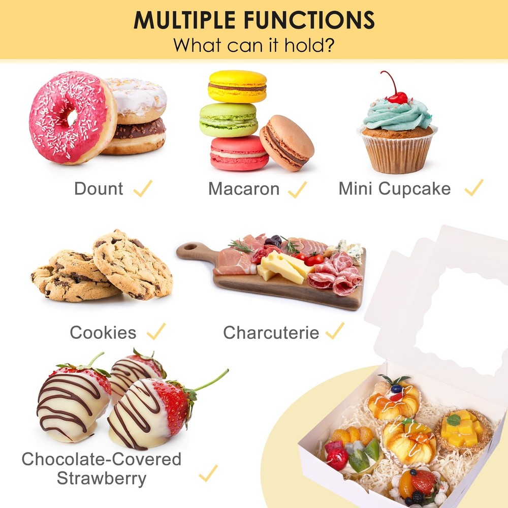 30pcs Bakery Boxes, 8x8x2.5 Cookie Boxes with Window, White Treat Containers