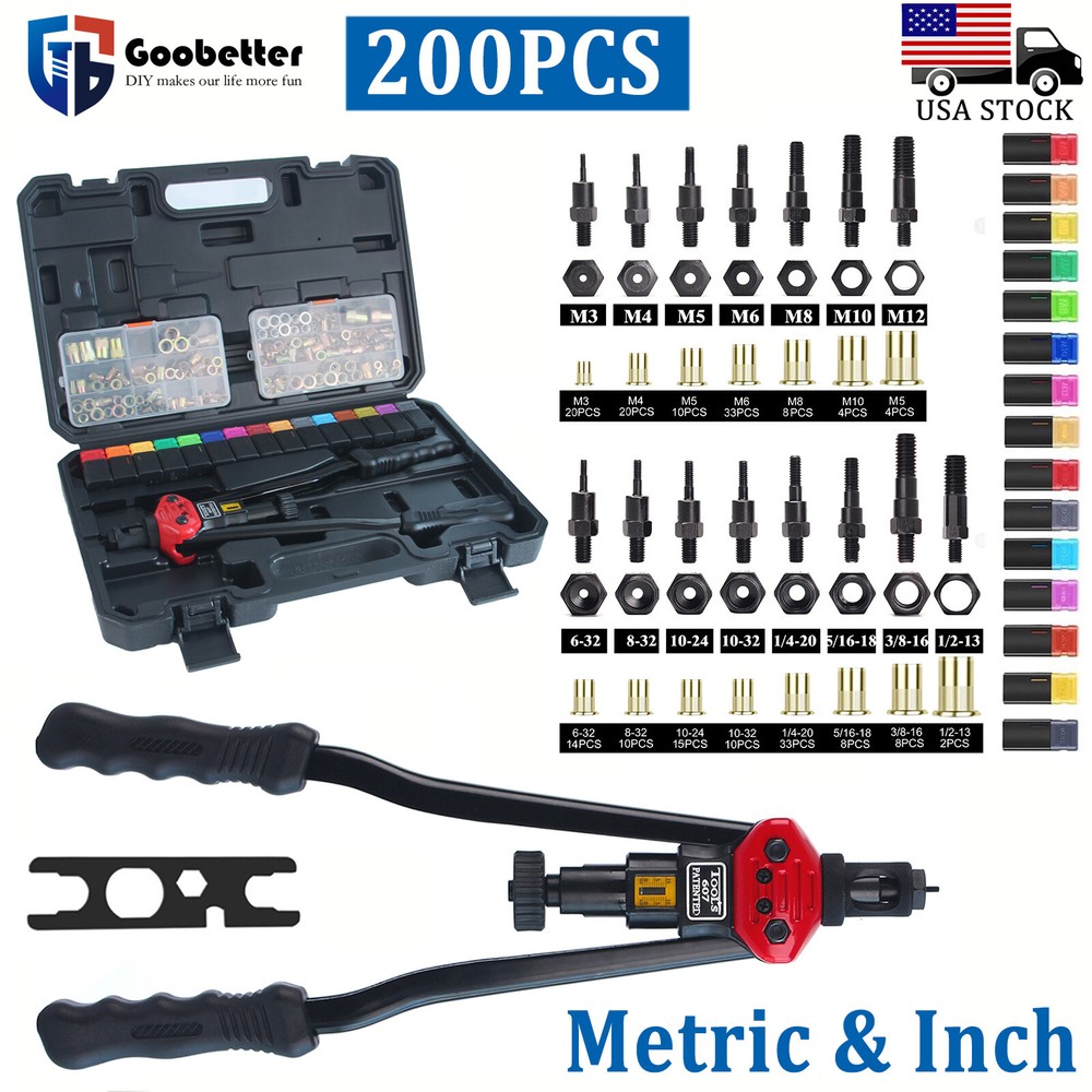 16'' Rivet Gun Kit Rivnut Thread Setting Tool Nut Setter NutSert Metric 200PCS