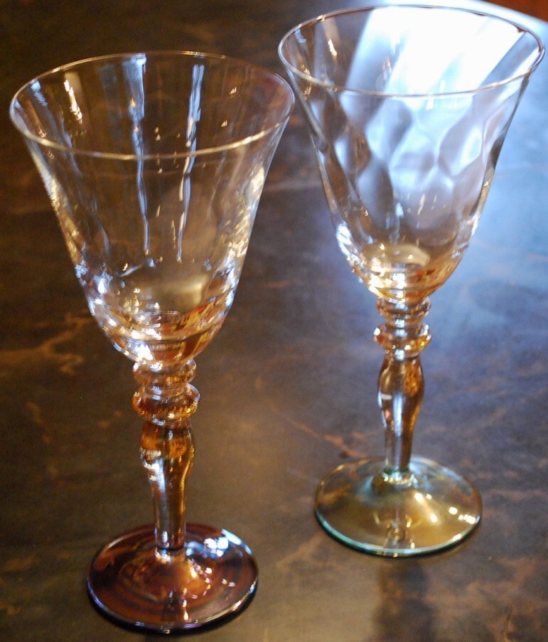 ROGASKA Optic Crystal VENETIAN GOLD LUSTER Set 2 WATER GOBLETS Foil In Stem 8.5"