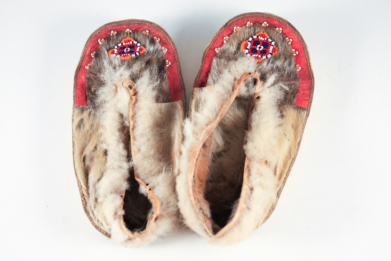 Vintage Native American Inuit Indian Bead Leather Fur Moccasins Mukluks 20th C.