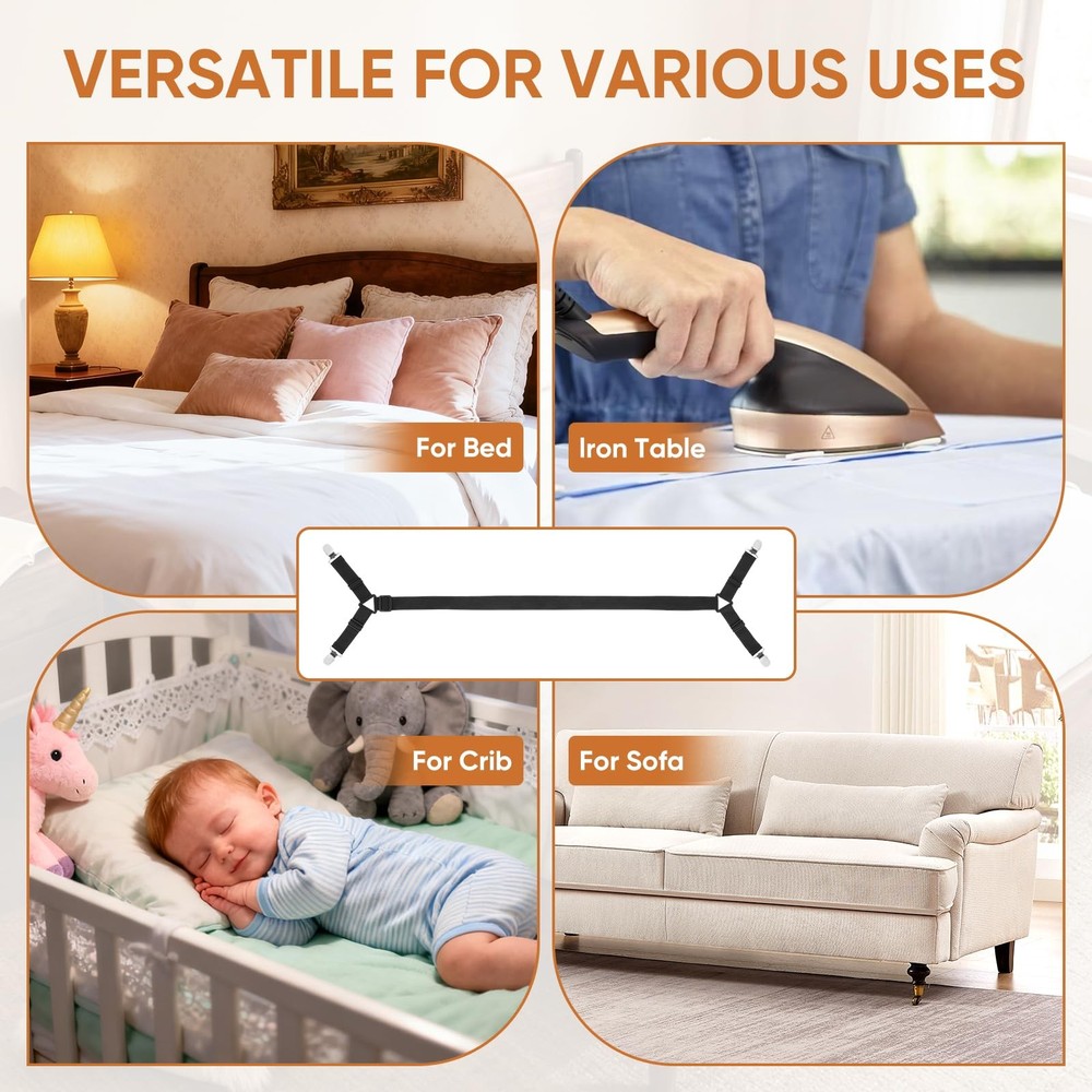 Bed Sheet Holder Straps Elastic Adjustable Grippers 2Pcs Black