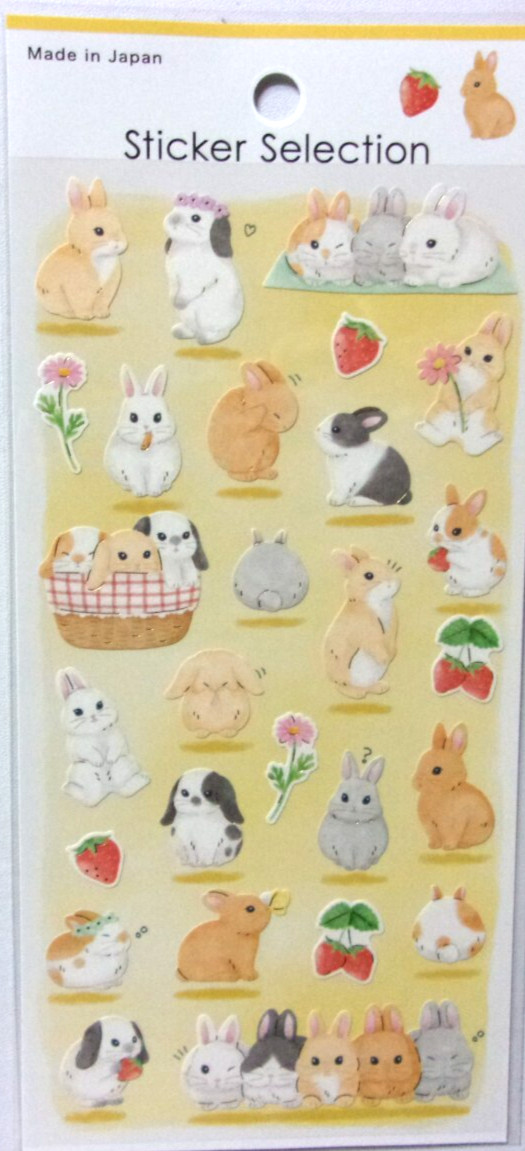 GAIA Animal Rabbit Strawberry Flower Sticker Sheet Made in Japan